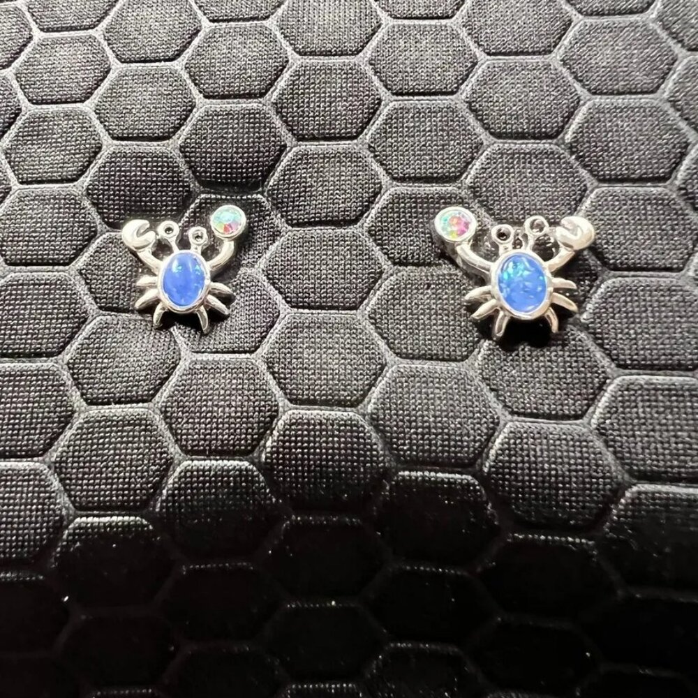 Crab Stud Earrings with Blue Sea Glass 18K White Gold Plated